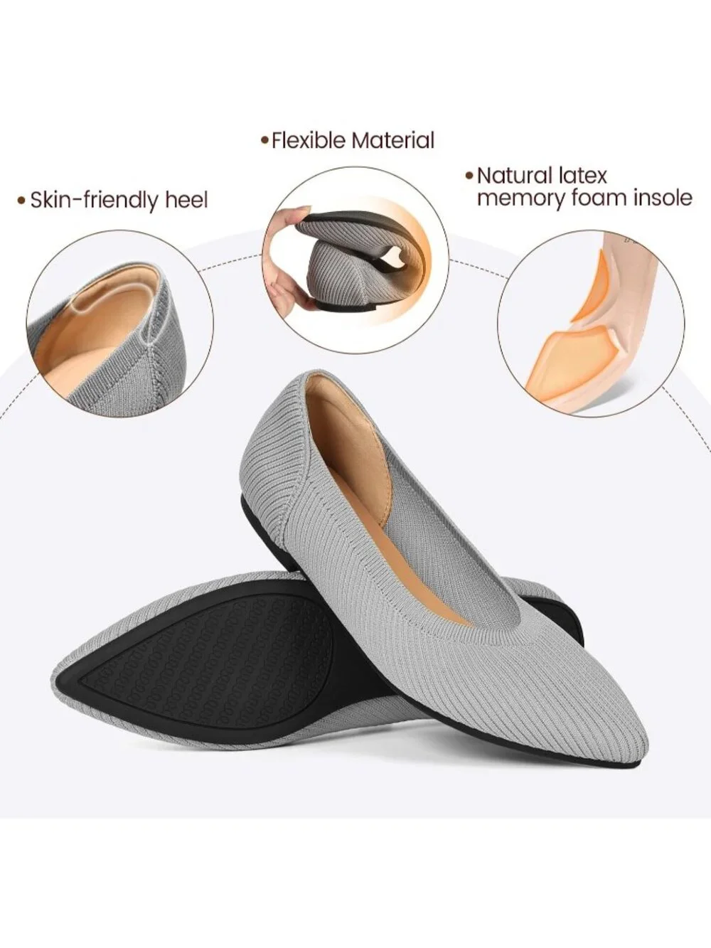 Women's Grey Pointed Toe Comfort Foldable Slip On Dressy Knit Ballet Flat Shoes